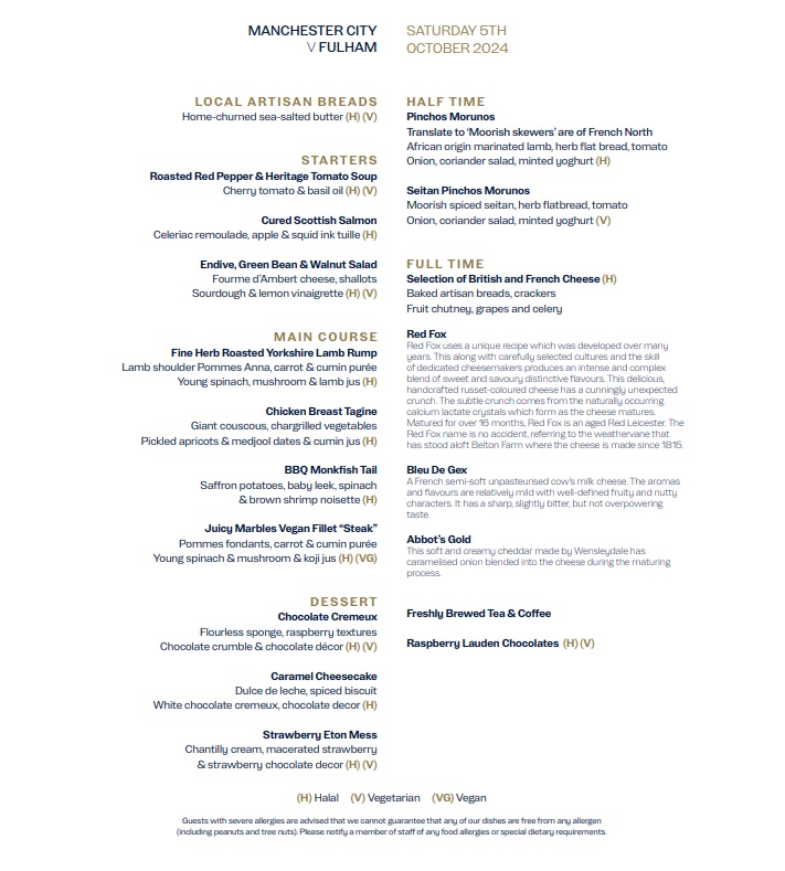 Chairman's Hospitality at Manchester City Sample Menu